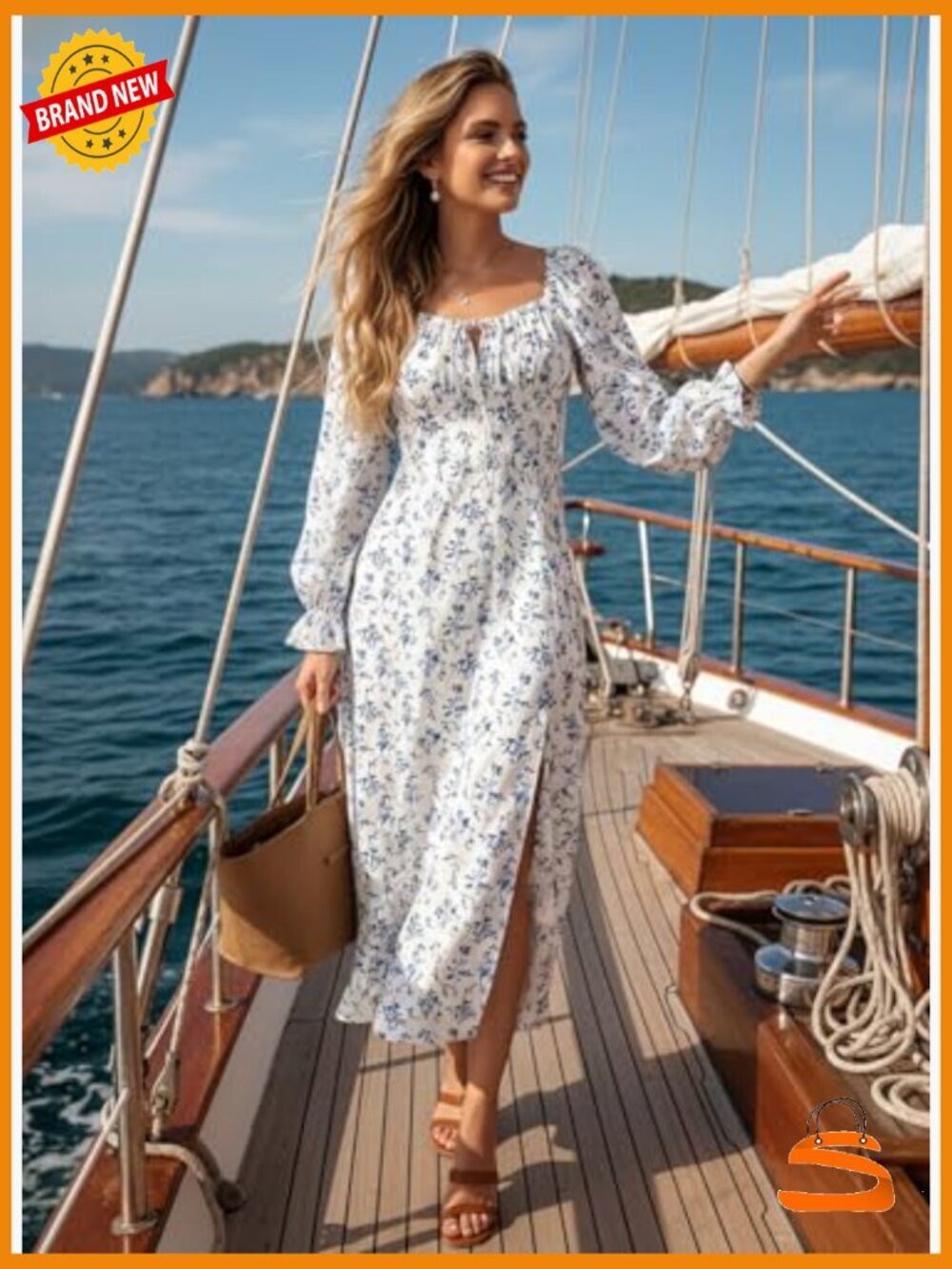 Square Neck Long Sleeve Boho Floral Midi Dress Side Split - Picture 3 of 7